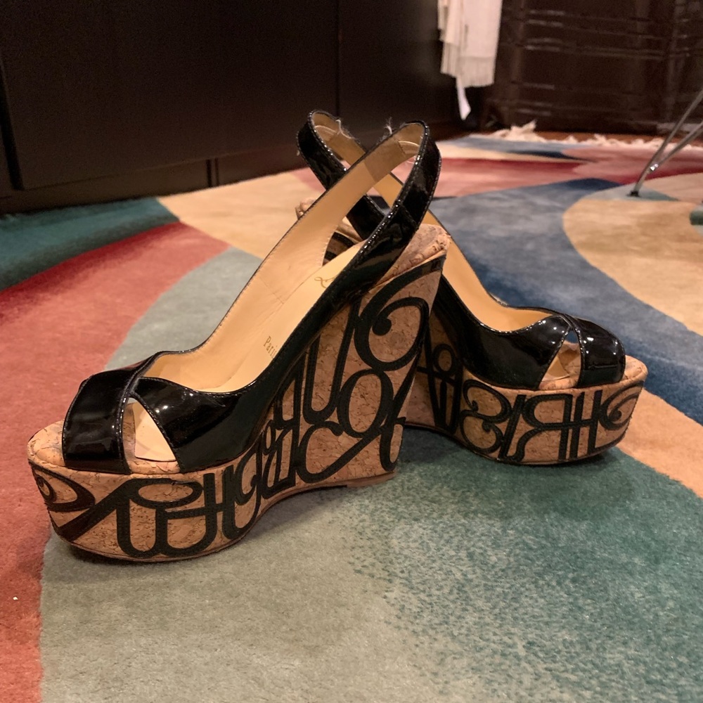 Christian Louboutin cork wedge sandal size 35.5 black